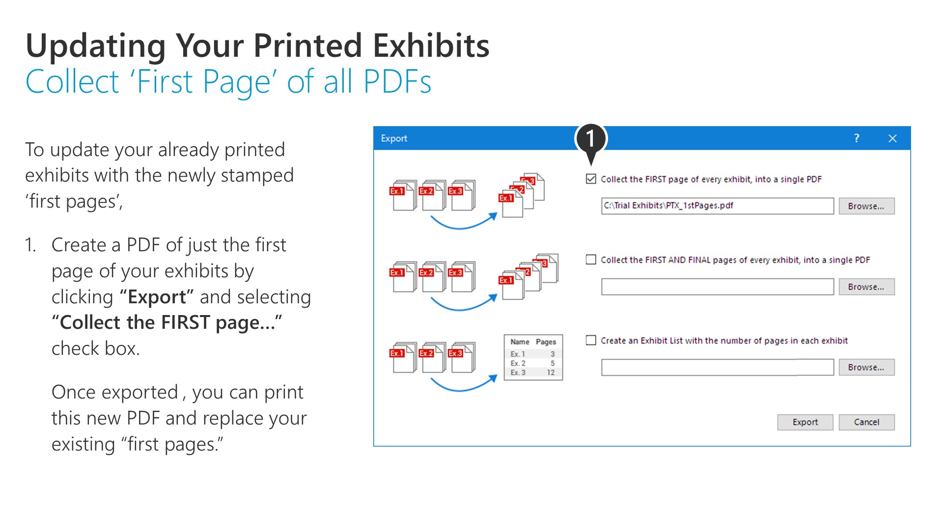 Updating Your Printed Exhibits Collect ‘First Page’ of all PDFs FE198_28