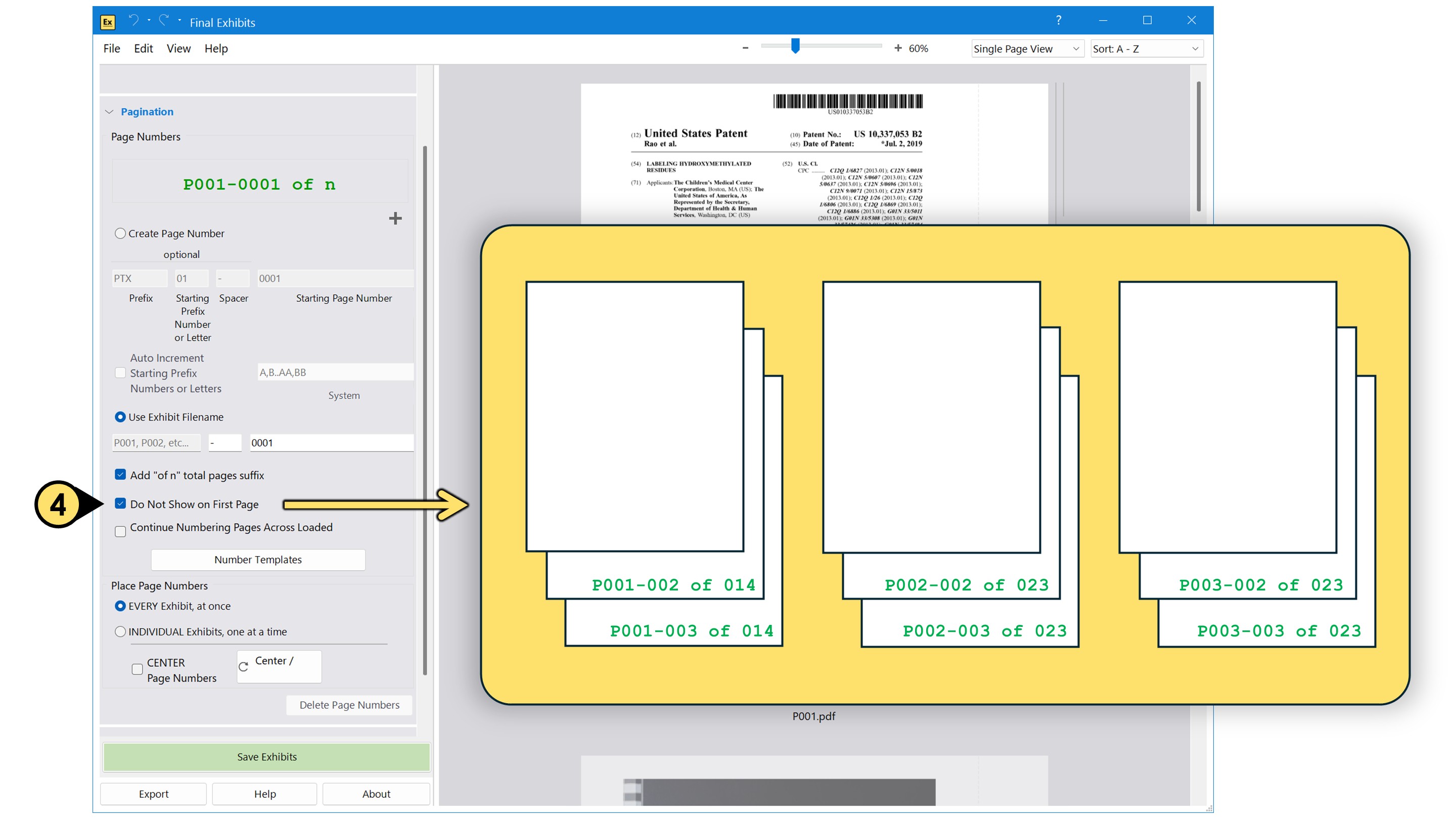 Do not show page number on the first page of every exhibit pagination5